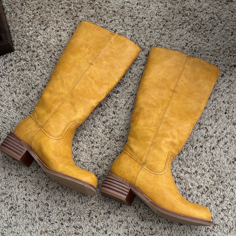 Women's Tall Mustard Yellow Block Heel Boots